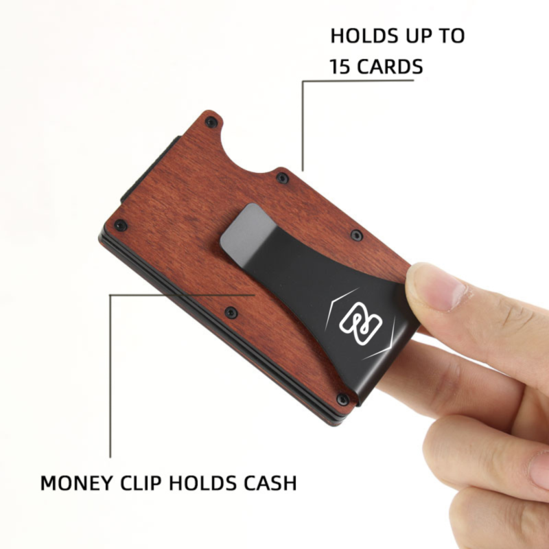 Minimalist Wallet with Money Clip Wooden RFID Carbon Fiber Wallet Credit Card Holder with 15 Card Capacity - Image 5